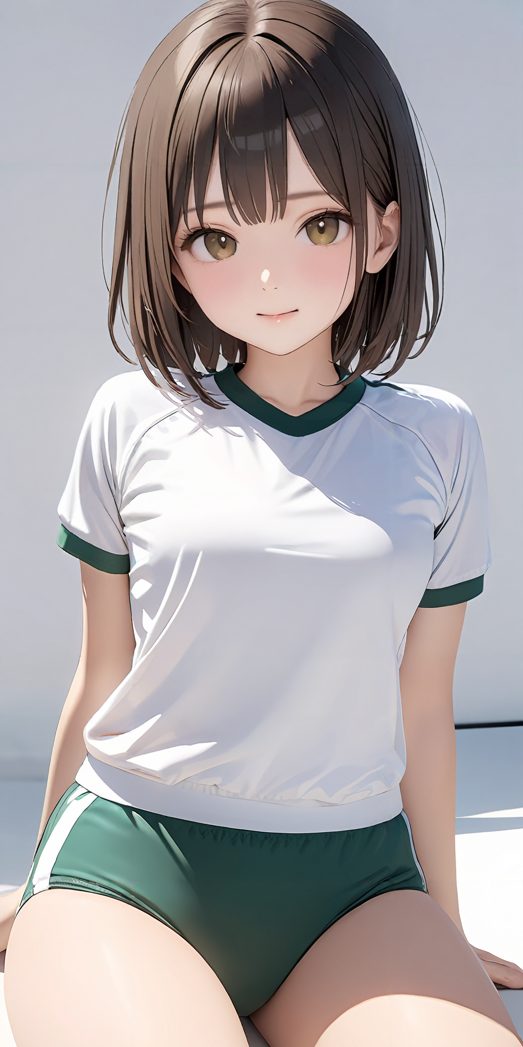 masterpiece,ultra-detailed,best quality,8K,illustration,cute face,clean skin ,shiny hair,girl,simple background,
 <lora:add-detail-xl:1> <lora:buruma_XL_V1.0:0.6> sgu,gym uniform, white shirt,green buruma,sitting