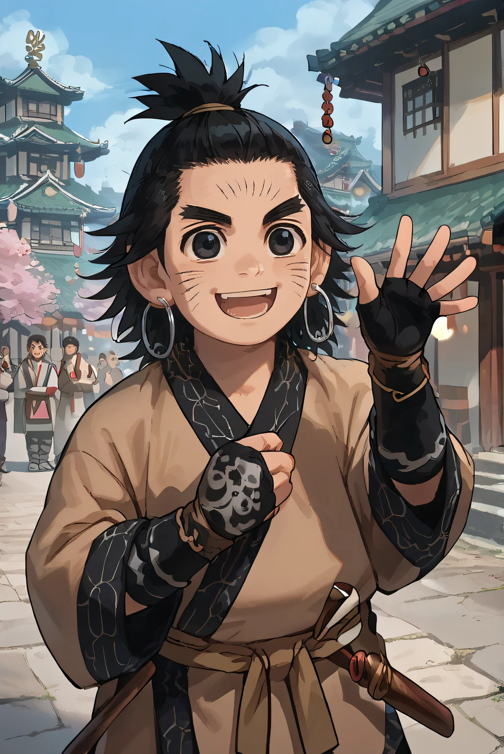 score_9, score_8_up, source_anime,
1boy, chikapashi, black hair, black eyes, hoop earrings, topknot, facial marks, ainu clothes, fingerless gloves,
smile, open mouth, standing, waving, town,
<lora:Smooth Style 2 SDXL_LoRA_Pony Diffusion V6 XL:0.8> <lora:chikapashi:1>
