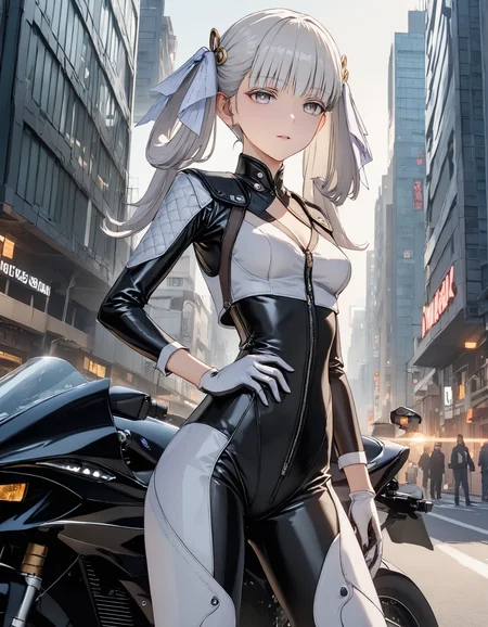masterpiece, best quality, 8K, very aesthetic, HDR, natural lighting, volumetric lighting, intricate details, highly detailed, 1girl, biker outfit, black-and-white clothing, biker suit, jacket, gloves, white hair, twintails, white eyelashes, white eyes, lifelike female body, perfect female body shape, narrow waist, view from behind, standing next to a motorcycle, city, <lora:Jinhsi_V1.11:0.7>