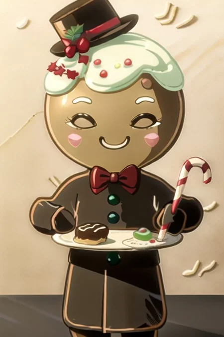 OverallDetail, male, solo, Gingerbread_Man, made of gingerbread, food focus, no humans, food creature, living cookie, frosting, frosting hair, (head tuft:1.2), blush stickers, plate, table, tablecloth, on table, walking, tiny, curly hair, bow tie, tailcoat, long sleeves, formal wear, top hat, candy cane, masterpiece, extreme detail, candy, simple face, dot eyes, high-angle view, standing, inside, kitchen, looking at viewer, smile, half-closed eyes smug, cute, chibi