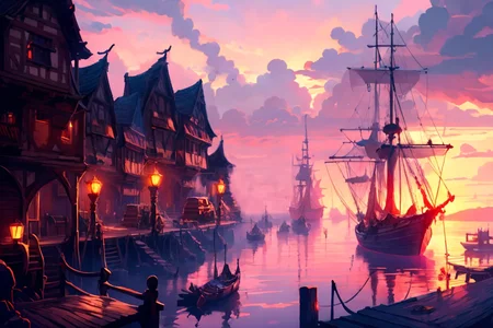 <lora:HarborAndDocks:0.5> hado, outdoors, ships, watercraft, building, pink clouds, buildings, docks, water, morning light, (best quality, masterpiece, highres, absurdres), mystical, runes, magical, energy, wooden, <lora:FantasyLandscape:0.7> FanLan