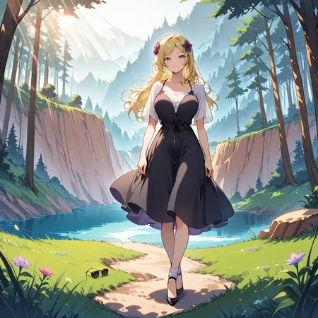 score_9, score_8_up, score_7_up,source_anime, smile, <lora:DANMACHI_V2:0.7> D_Freya ,long hair, purple eyes, hair flower,hair ornament, large breasts,  <lora:Casual_shirt_with_spaghetti_dress:1> cshwsp, shirt under dress, withe shirt, black dress, high heels, ankle socks, lens flare, depth of field, sunglasses, (unworn eyewear:1.2), cliff, forest, river, grass, flowers, sunlight,  <lora:IL_Dreamy_soft_lines_for_Pony:1> dresofl