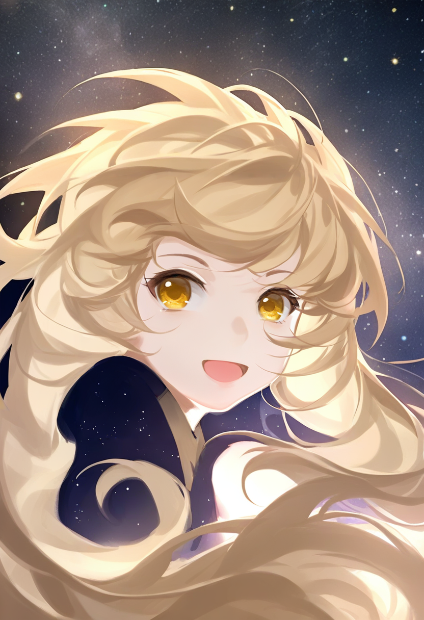 1girl, solo, star \(sky\), open mouth, starry sky, sky, long hair, looking at viewer, smile, yellow eyes, night sky, floating hair, night, :d, bangs, bare shoulders, upper body, portrait <lora:solaXL_NBVP1_lokr_V6311P:0.95>