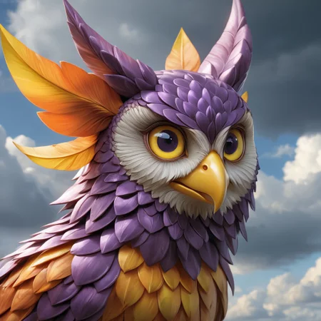 Shiny scaleboundsdxl,Up in the sky, purple body, cover dark clouds scales, owl, ears, orange tips on head orange tips on butt, light yellow beak, light purple eyes, light green sclera, colored sclera, light yellow talons,solo,female1,happy, ( detail realistic), beautiful detail, high-quality, face close up,