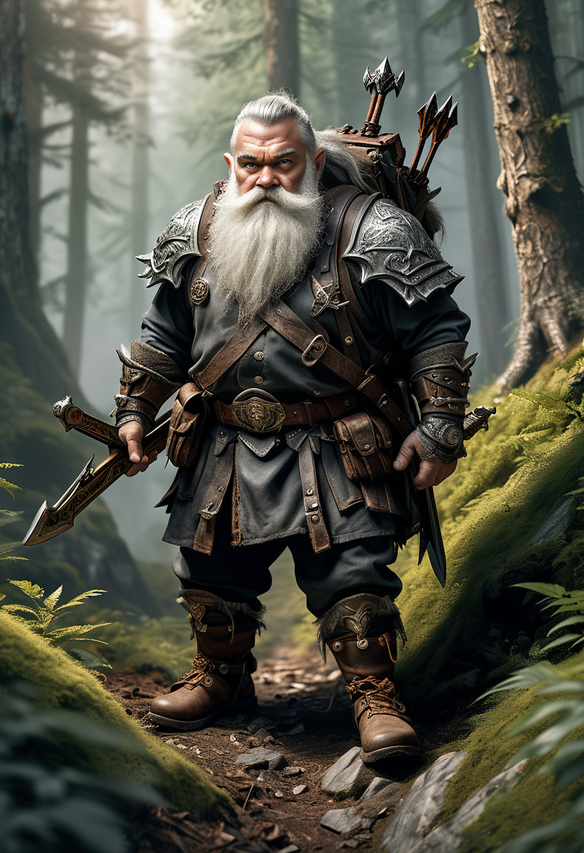 (medium full shot) of (tenacious mountain dwarf) wearing a charcoal battle gear, leather boots, Thick silver beard, gold amulet, wielding a heavy crossbow, set in  a forested mountain, with tall trees, thick underbrush, hidden trails, ,Masterpiece,best quality, raw photo, realistic, very aesthetic