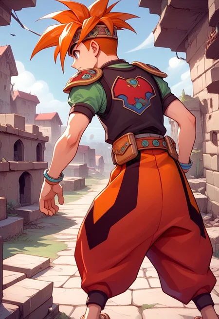 score_9, score_8_up, score_7_up, source_furry, FMW1, 1boy, (gradient eyes:1.5), terranigmark, spiky orange hair, pauldrons with faces, jeweled headband, print shirt, green sleeves, bracelets, belt with dangling straps, red baggy pants, outdoors, town, ruins, dust, (view from behind:2)