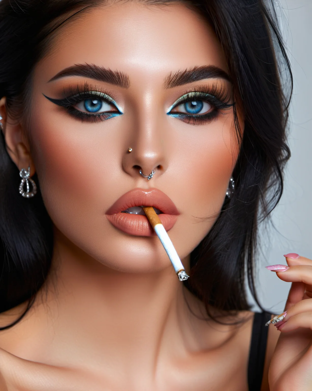 1girl, alluring, makeup, realistic,, black hair, blue eyes, piercings, eyeliner,
<lora:Smoking_Babes_XL_V2:0.6>
cigarette in mouth, (detailed face),
close up