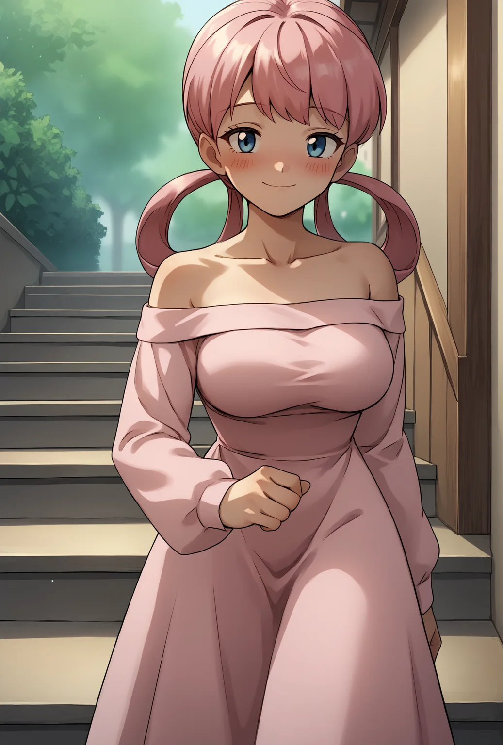 bare shoulders, collarbone, off-shoulder dress, long sleeves, long dress, pink dress, cowboy shot, smile, seductive smile, blush, stairs, score_9, score_8_up,score_7_up, source_anime, 1girl, solo, <lora:EPpkNurseJoyPony_epoch_15:1>, eppknursejoy, pink hair, blue eyes, long hair, blush, large breasts, hair rings, bumper bangs,