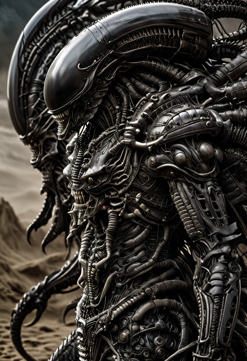 stunning, magnificent, HD, photorealistic, 1samurai xenomorph, dramatic lighting, solo, standing alone in a desert, intricate details, intricate armor, intense gaze, mythical, legendary, powerful, ((dark, evening)), cinematic, close-up, art by hr giger,
 armor, science fiction, no humans,
 vintage painting,painting,realism,Americana art,artistic style