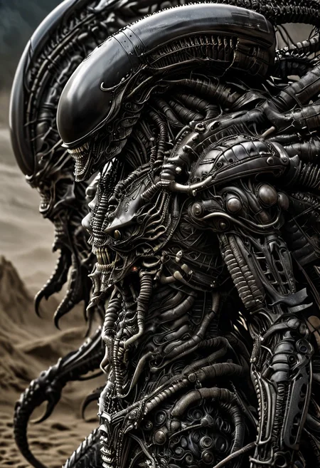 stunning, magnificent, HD, photorealistic, 1samurai xenomorph, dramatic lighting, solo, standing alone in a desert, intricate details, intricate armor, intense gaze, mythical, legendary, powerful, ((dark, evening)), cinematic, close-up, art by hr giger,
armor, science fiction, no humans,
vintage painting,painting,realism,Americana art,artistic style