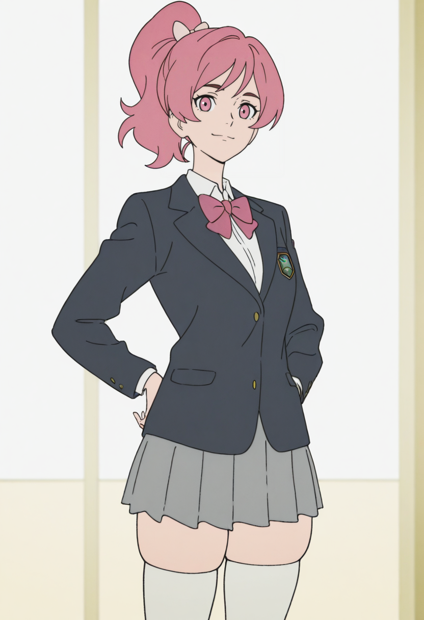 masterpiece, best quality, <lora:Devilman_Babycry:1> D3v1lm4nB4b1cr1,  1girl, solo,standing,looking at viewer, happy, closed mouth,pink hair, ponytail, pink eyes,school uniform, bow, long sleeves, skirt, skindentation, thighhighs,