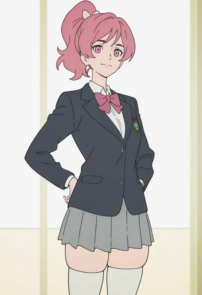 masterpiece, best quality, <lora:Devilman_Babycry:1> D3v1lm4nB4b1cr1, 1girl, solo,standing,looking at viewer, happy, closed mouth,pink hair, ponytail, pink eyes,school uniform, bow, long sleeves, skirt, skindentation, thighhighs,