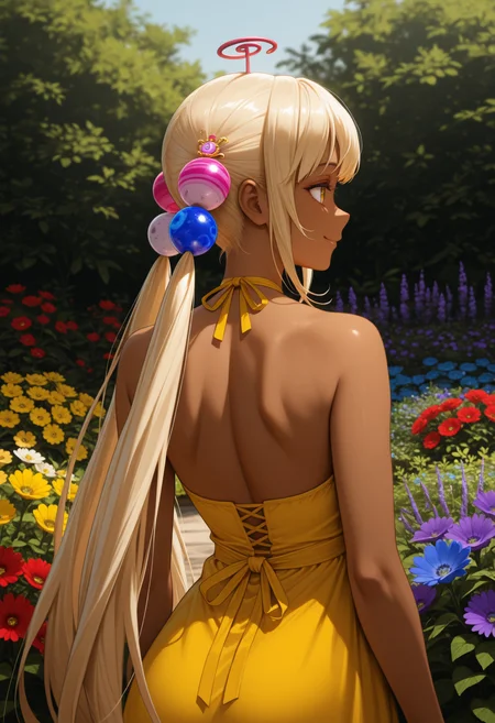 masterpiece, best quality, 1girl, solo, S4n4, dark skin, yellow eyes, blonde hair, very long hair, twintails, planet hair ornament, limiter, from behind, outdoors, garden, flower, red flower, blue flower, purple flower, yellow flower, looking back, yellow sundress, shoulder blades, sleeveless, smile, <lora:ChamTsukumoSanaNoob:1>