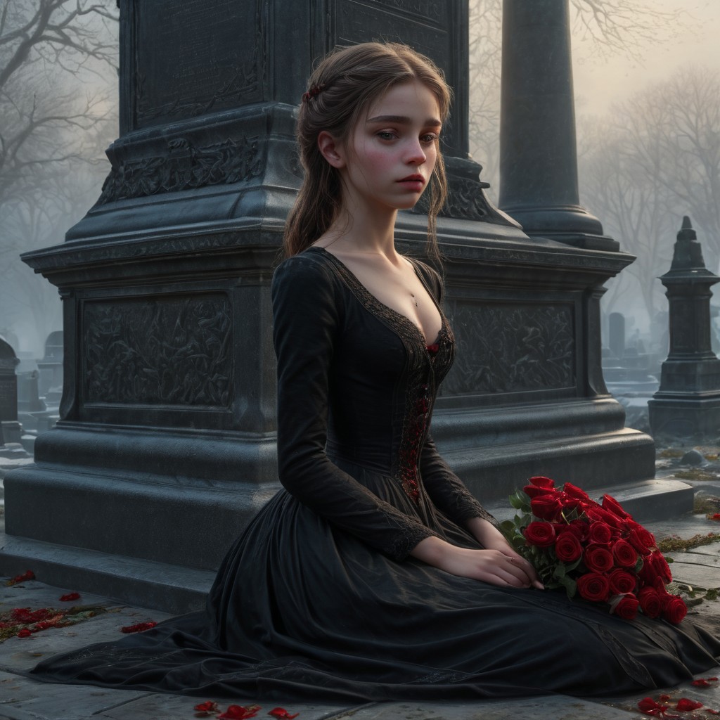 epiCRealism, masterpiece, highly detailed, one girl, pale and delicate, mourning in front of a tomb in a frozen winter morning, mist still clings to the ground while a timid Sun rises on the horizon, a bright red bouquet of roses lays on the tombstone, she wears a highly detailed black laced Victorian dress and sits on the earth in front of the tomb, the skirt spreads around her, view from the side, a small tear drops through her cheek,