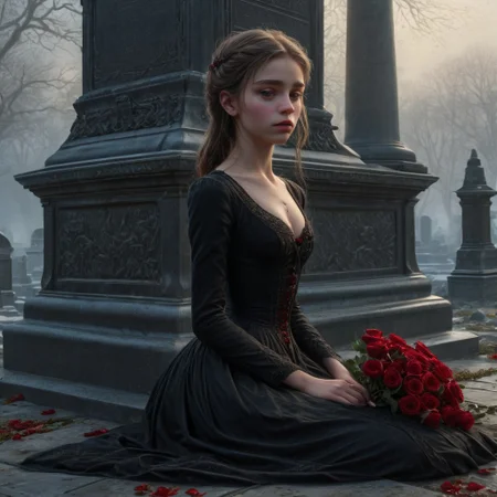 epiCRealism, masterpiece, highly detailed, one girl, pale and delicate, mourning in front of a tomb in a frozen winter morning, mist still clings to the ground while a timid Sun rises on the horizon, a bright red bouquet of roses lays on the tombstone, she wears a highly detailed black laced Victorian dress and sits on the earth in front of the tomb, the skirt spreads around her, view from the side, a small tear drops through her cheek,