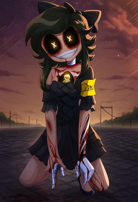 Masterpiece, High quality, OC, anime, Female Adult woman, solo, 1girl, Cyn, 1girl, solo, x pupils, black hair, smile, black dress, armband, yellow armband, extra hands, sinister smile, looking at viewer. Crouching, bottom close up view, blood Red cloud sky, dead trees background, Hand on ground scratching the ground, blood on hands, blood scratches on ground.