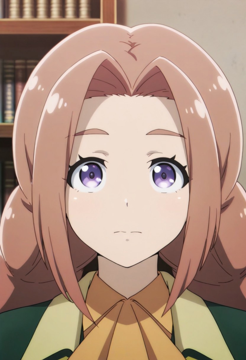 masterpiece,best quality,amazing quality, sheila ibarss, long hair, light reddish-brown hair, purple eyes, braid,  1girl, solo, looking at viewer, closed mouth, shirt, twin braids, jacket, indoors, portrait, collared shirt, bookshelf, shiny, shiny hair
