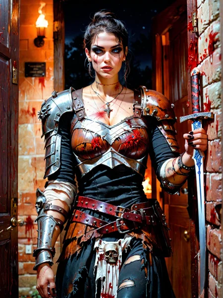 masterpiece, best quality, highly detailed, score_9, score_8_up, score_7_up, score_6_up, score_5_up, score_4_up, Expressive, ponytail, dark eyes, curvy body, wide hips, thick thighs, dust in the air, backlight, more lace on clothes, goth girl, tattoos, piercings, necklace, braclet, slanted eyes, black eyeliner and mascara, smokey eyes, long eyelashes, dark eyeshadow, curvy, sexy lips, solo, perfect face, perfect eyes, sexy, sexy girl, beautiful eyes, glowing eyes, zombie eyes, perfect cute face, seductive look, perfect hands, blush, dynamic angle, oiled skin, large breasts, colorful flowers, focus on face, eyes locked on the viewer, outdoors, at night, night, autumn, visible check, collarbones, visible shoulders, natrual breasts, solo, ((cuts on body, bleeding, deep sratches, claw marks, bite marks)), ((ripped clothing)), ((damaged armor)), ((armor, leather, leather armor, sword, sword on back)), ((zombie)), ((undead)), grotesque, morbid,
BREAK
Hiding, staggering, exhausted, Hiding against a wall, hiding behind a corner, looking around corner, Looking through a doorway, spooky, eerie, haunted house, looking down a dark hallway, dutch angle, <lora:add-detail-xl:1.0>