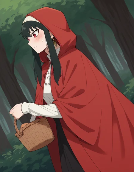 score_9, score_8_up, score_7_up, source_anime, yorbriar, <lora:yor-briar-s1-ponyxl-lora-nochekaiser:1>, yor briar, black hair, red eyes, earrings, white hairband, hairband, long hair, sidelocks,, <lora:little-red-riding-hood-cosplay-ponyxl-lora-nochekaiser:1>, littleredridinghoodcosplay little red riding hood \(grim\) \(cosplay\), red hood, basket, hooded capelet, red capelet, holding basket, red cloak, hood,, landscape, forest, blush,, cowboy shot, dutch angle, solo,