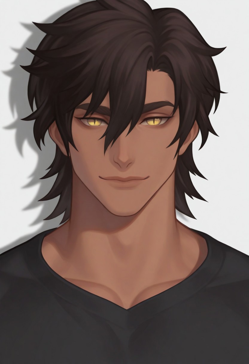 uliosi, solo, looking at viewer, smile, short hair, simple background, brown hair, shirt, black hair, 1boy, white background, hair between eyes, closed mouth, yellow eyes, dark skin, medium hair, lips, shadow, dark-skinned male, thick eyebrows, light smile, slit pupils, upper body, eyebrows hidden by hair, male focus, muscle