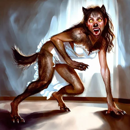 .1girl,(transformation, species transformation:0.8) into (wolf), feral transformation, brown fur,(long brown hair, wavy hair), wolf snout, wolf teeth, fangs, embarrassed,(realistic fur, hairy fur, wiry hair over body, fur over body, detailed fur texture),claws,paws,paw pads,white dress,frilly dress,lacy dress,prairie dress,knee length dress,full body shot,body horror,ripping clothing,((on all fours)),digitigrade,realistic,small breasts,muscular,fluffy,big eyes,cute eyes,yellow eyes,softly glowing eyes,hunched over,on the ground,