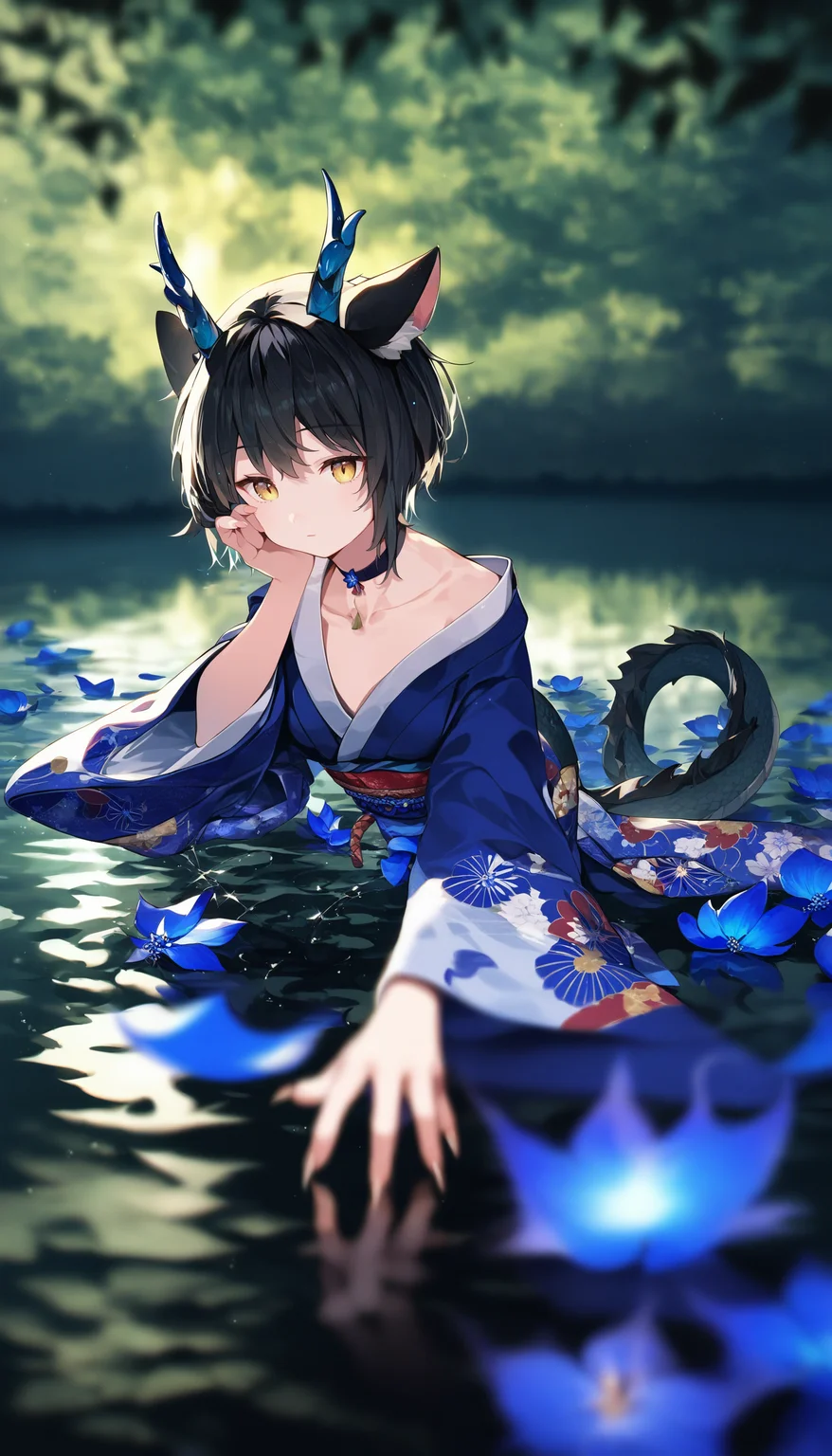 1girl, solo, fin, black hair, short hair, yellow eyes, hand up, blue flower, choker, fingernails, closed mouth, long sleeves, collarbone, japanese clothes, cat girl, kimono, nape, eastern dragon, dragon horns,
claws, off shoulder,
from below,
all fours, closeup, extended downblouse ,
depth of field, blurry, foreshortening,
dappled moonlight, outdoors, stream, nature, scenery, moonlight, night sky, kimono, leaf, nape, lake, partially submerged, reflective water, bioluminescence,
score_9, score_8_up, score_7_up, source_anime, masterpiece, very aesthetic
<lora:quality_modifiers_masterpieces_v1:1>