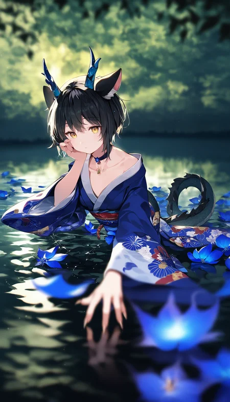 1girl, solo, fin, black hair, short hair, yellow eyes, hand up, blue flower, choker, fingernails, closed mouth, long sleeves, collarbone, japanese clothes, cat girl, kimono, nape, eastern dragon, dragon horns,
claws, off shoulder,
from below,
all fours, closeup, extended downblouse ,
depth of field, blurry, foreshortening,
dappled moonlight, outdoors, stream, nature, scenery, moonlight, night sky, kimono, leaf, nape, lake, partially submerged, reflective water, bioluminescence,
score_9, score_8_up, score_7_up, source_anime, masterpiece, very aesthetic
<lora:quality_modifiers_masterpieces_v1:1>