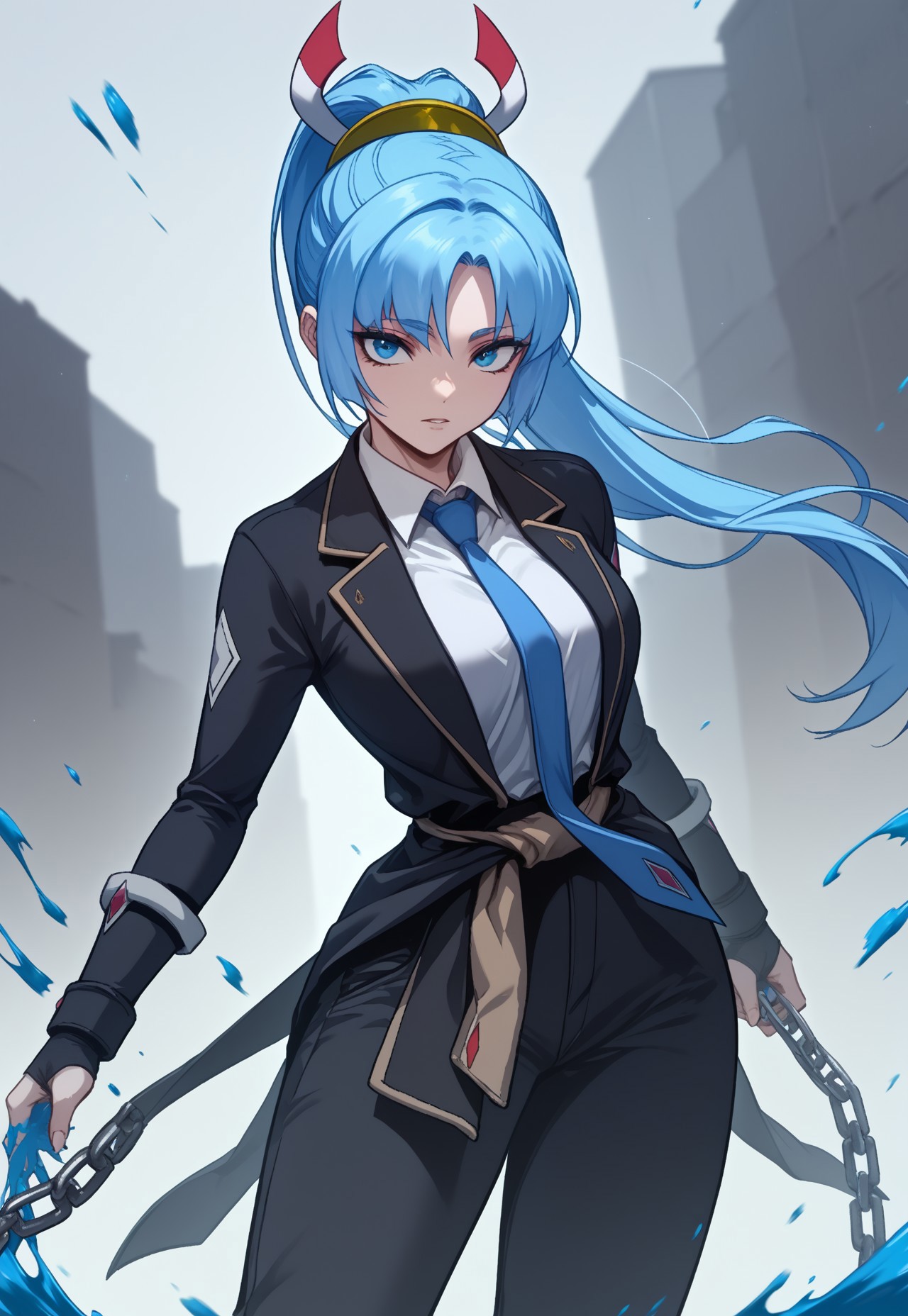 score_9, score_8_up, score_7_up, source_anime, close shot, Saki Ryozo, blue hair, ponytail, blue eyes, long hair, breasts, sidelocks, curtained hair, weater around waist, dated, pants, boots, blue necktie, black jacket, chain, looking at viewer, paint splash