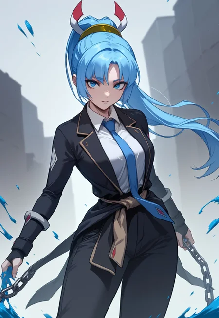 score_9, score_8_up, score_7_up, source_anime, close shot, Saki Ryozo, blue hair, ponytail, blue eyes, long hair, breasts, sidelocks, curtained hair, weater around waist, dated, pants, boots, blue necktie, black jacket, chain, looking at viewer, paint splash