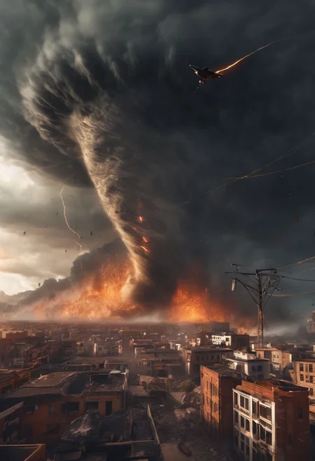 a giant tornado destroying a big city, giant stone monster,burning buildings. thunder, lightning, epic, powerful, masterpiece, trending on artstation, best quality,  dark clouds, vortex, orange sky, stylized, unreal engine, rtx on, swirling, otherworldly,  destruction, flying debris,storm, twister,  cars in the air, houses  sucked into the air, intricate, detail, in motion, airplane, power lines, fire, rain, people run