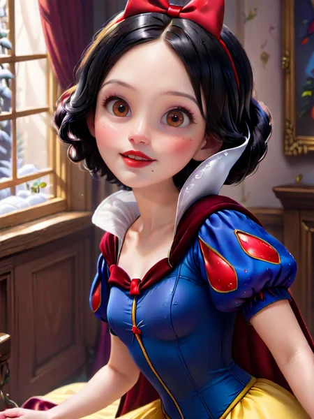 princess outfit, snow white, A close-up portrait of a girl with a playful expression, wearing a blue and red dress with a red bow, 1girl, solo, breasts, looking at viewer, blush, smile, short hair, brown eyes, black hair, hair bow, upper body, parted lips, indoors, eyelashes, puffy sleeves, window, upper teeth only, freckles, mole under mouth, mole on white cape,   
<lora:princess_rc_il:0.9>