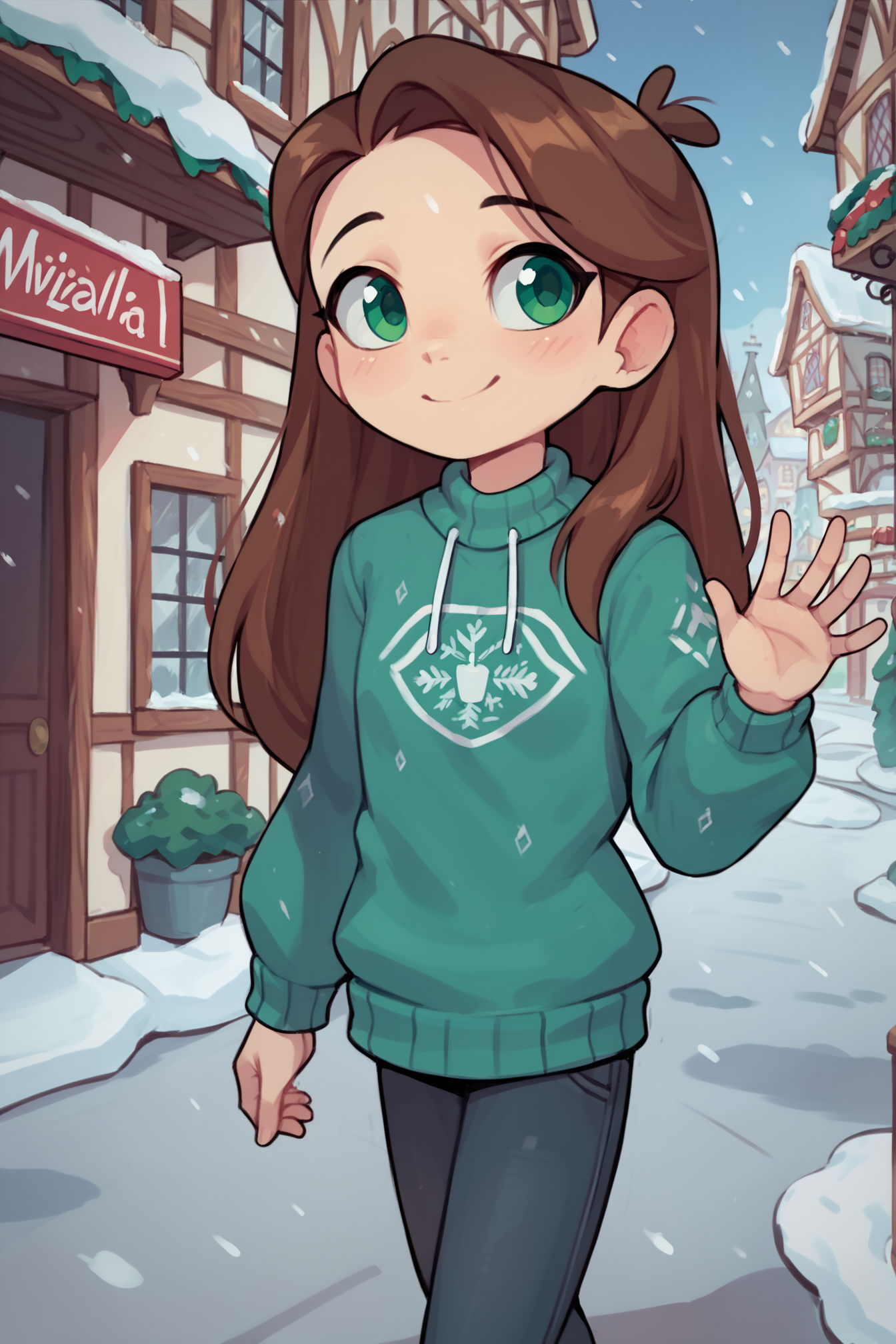 zPDXL3, masterpiece, high quality, yepmelon, score_9, score_8_up, smile, ((cute)), ((young)), solo, 1girl, long hair, green eyes, brown hair, petite, good hands, snowing, sweater, winter clothes, pants, (windy), (good anatomy), looking away, village, , <lora:Pony_QualityV4.0:1>,<lora:Yep_Melon_Style-000014:1>