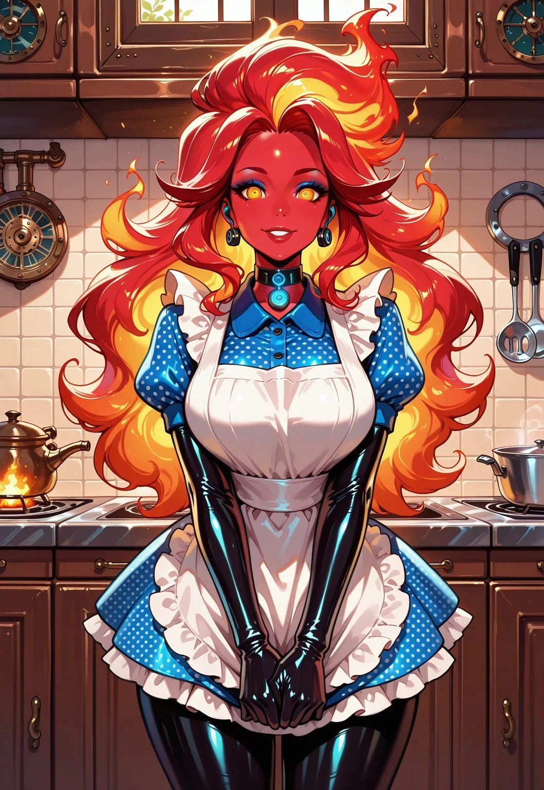 1girl, monster girl, fiery hair, red hair, long hair, colored skin, red skin, glow, steampunk stepford housewife, masterpiece, best quality,
(shiny oily latex) steampunk stepford housewife polka dot dress, white apron, pantyhose, latex gloves, shiny oily latex clothes,
makeup, lip gloss, eyeshadow, eyeliner, mascara,
(lens eyes, mechanical eye), blank stare, smile, standing, v arms, mind control, wireless earphones with radio antenna, mind control choker, steampunk kitchen, cowboy shot, straight-on, looking at viewer, mechanization, doll joints