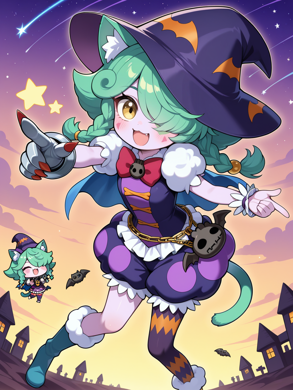 chibi, single glove,claws,abyss actor - leading lady,1girl,solo,hair over one eye,star \(symbol\),pointing,open mouth,smile,blush,looking at viewer,bat bag,purple skin,skull hair ornament,purple witch hat,red bow,purple dress,purple bloomers,single legwear,single wrist cuff,bat earrings,blue cape,shooting star, green cat ears
masterpiece,best quality,amazing quality,very aesthetic,absurdres,newest,<lora:Abyss Actor - Leading Lady illusXL v1.2:0.72>,