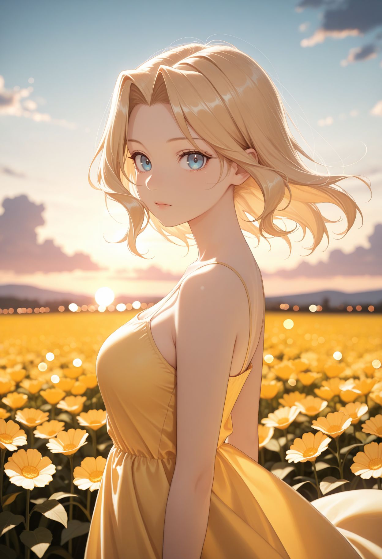 masterpiece,best quality,absurdres,highres,very aesthetic,high quality,detailed,insanely detailed,beautiful,perfect lighting, ,depth of field,blurry background,bokeh, looking at viewer, 
 <lora:Kay illu v2 :0.9>
1girl, blonde hair, hair intakes, blue eyes, 
yellow sundress, spaghetti strap, bare shoulders, outdoors, sunset, cloud, flower field