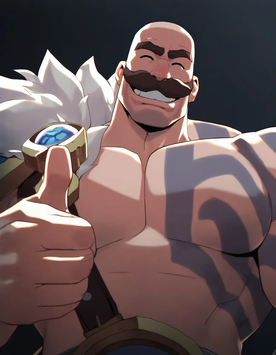 (masterpiece, best quality, very awa:1.1), 1boy, solo, braum, large pectorals,broad shoulders, mustache, stubble,massive manly mature male, blue body tattoo, fur-trimmed single shoulder pad, bare pectorals, upper body, ^ ^, furrowed brow, grin,thumbs up, black background, cel rendering, anime screencap <lora:Braum_League_of_Legends_IL:1>