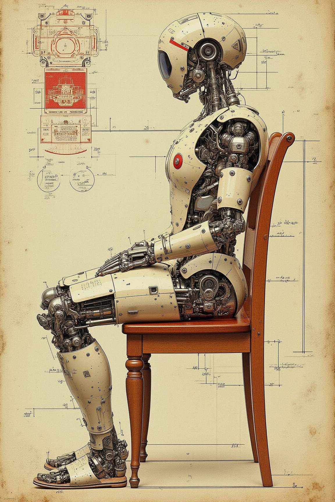 VintageSketch style, YFG-Asak, A Renaissance-style sketch of Leonardo da Vinciâs mechanical knight on parchment, a humanoid robot with a metallic frame, sitting in a chair. The design shows intricate gears and levers, with detailed anatomical proportions, set in the style of 15th-century drawings. Ultra realistic.