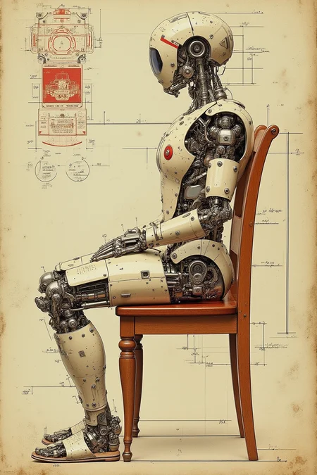 VintageSketch style, YFG-Asak, A Renaissance-style sketch of Leonardo da Vinciâs mechanical knight on parchment, a humanoid robot with a metallic frame, sitting in a chair. The design shows intricate gears and levers, with detailed anatomical proportions, set in the style of 15th-century drawings. Ultra realistic.