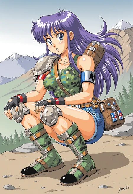 1girl, solo. outdoors, mountain, full body, looking at viewer, Human_Female1, squatting, covered nipples,
purple long hair, blue eyes, floating hair
short blue denim shorts, armor, belt, black fingerless gloves, tank top, boots, camouflage, knee pads, armband, elbow pads, green footwear, shoulder armor, holster, pouch, retro artstyle, 1980s \(style\)
<lora:Human_Female1_pony1.1:0.8>