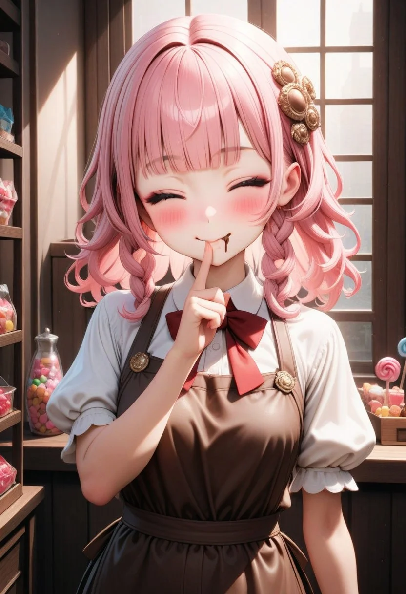((masterpiece), (best quality), (ultra-detailed), 
illustration, 3DMM, 
1girl, solo, pink hair, blunt bangs, curly hair, red bowtie , indoor, puffy sleeves,
white shirt, black pants, brown apron, 
 Closed mouth, closed eyes, black eyeshadow,
Indoor,  more Candy's,
glossy, delicate frame, angelic appearance, 
hair ornament,chiaroscuro shading, perfect body, dim natural light, night, window, soft smile, blushing,  smile, finger smile, portrait, face focus , finger to own mouth,traces of chocolate near the mouth,
 absurdres, cowboy shot,
   sharped eyes, sharp focus, angelic appearance,  side braids, night, darkness)