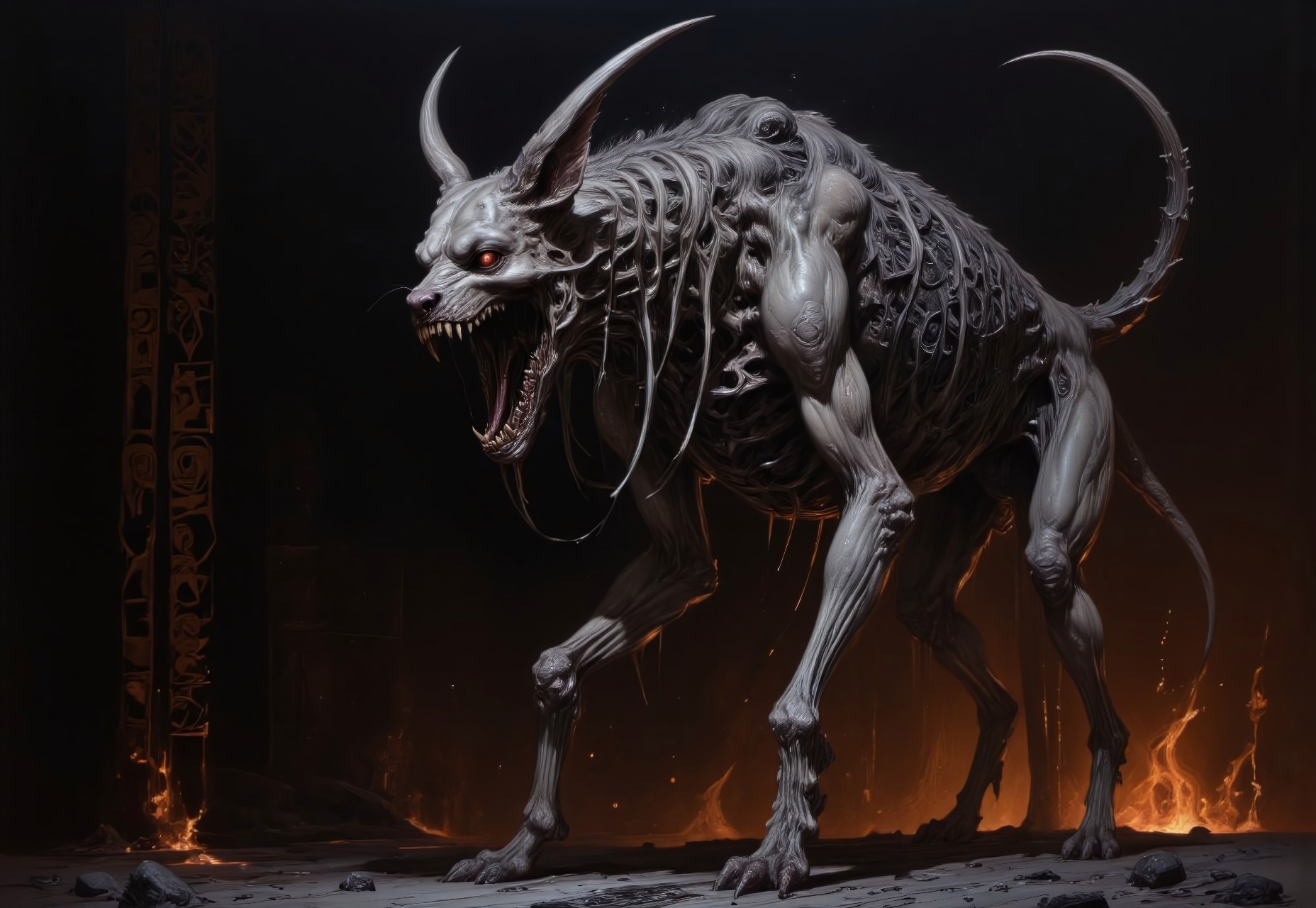 highly detailed oil painting of a skeletal hell hound demon with a grotesque, open-mouthed scream revealing razor sharp teeth. The demonic hell hound, rendered in shades of gray and black with detailed fiery accents. His body appears to be to (glowing:1.3) fiery from within and his fiery eyes are glowing brightly. The background is dark with (glowing demonic runes:1.2) shimmering dimly, enhancing the horrifying and eerie atmosphere. The image is a close-up, capturing the hound (from the side and below angle:1.3).
