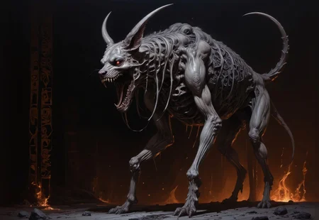 highly detailed oil painting of a skeletal hell hound demon with a grotesque, open-mouthed scream revealing razor sharp teeth. The demonic hell hound, rendered in shades of gray and black with detailed fiery accents. His body appears to be to (glowing:1.3) fiery from within and his fiery eyes are glowing brightly. The background is dark with (glowing demonic runes:1.2) shimmering dimly, enhancing the horrifying and eerie atmosphere. The image is a close-up, capturing the hound (from the side and below angle:1.3).