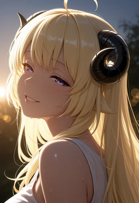 masterpiece, best quality, 1girl, solo, W4tame, horns, blonde hair, purple eyes, long hair, ahoge, looking at viewer, portrait, white tank top, sweat, outdoors, depth of field, smile, half-closed eyes, bokeh, bloom, backlighting, lens flare, three quarter view, from side, head tilt, parted lips, <lora:ChamTsunomakiWatameNoob:1>