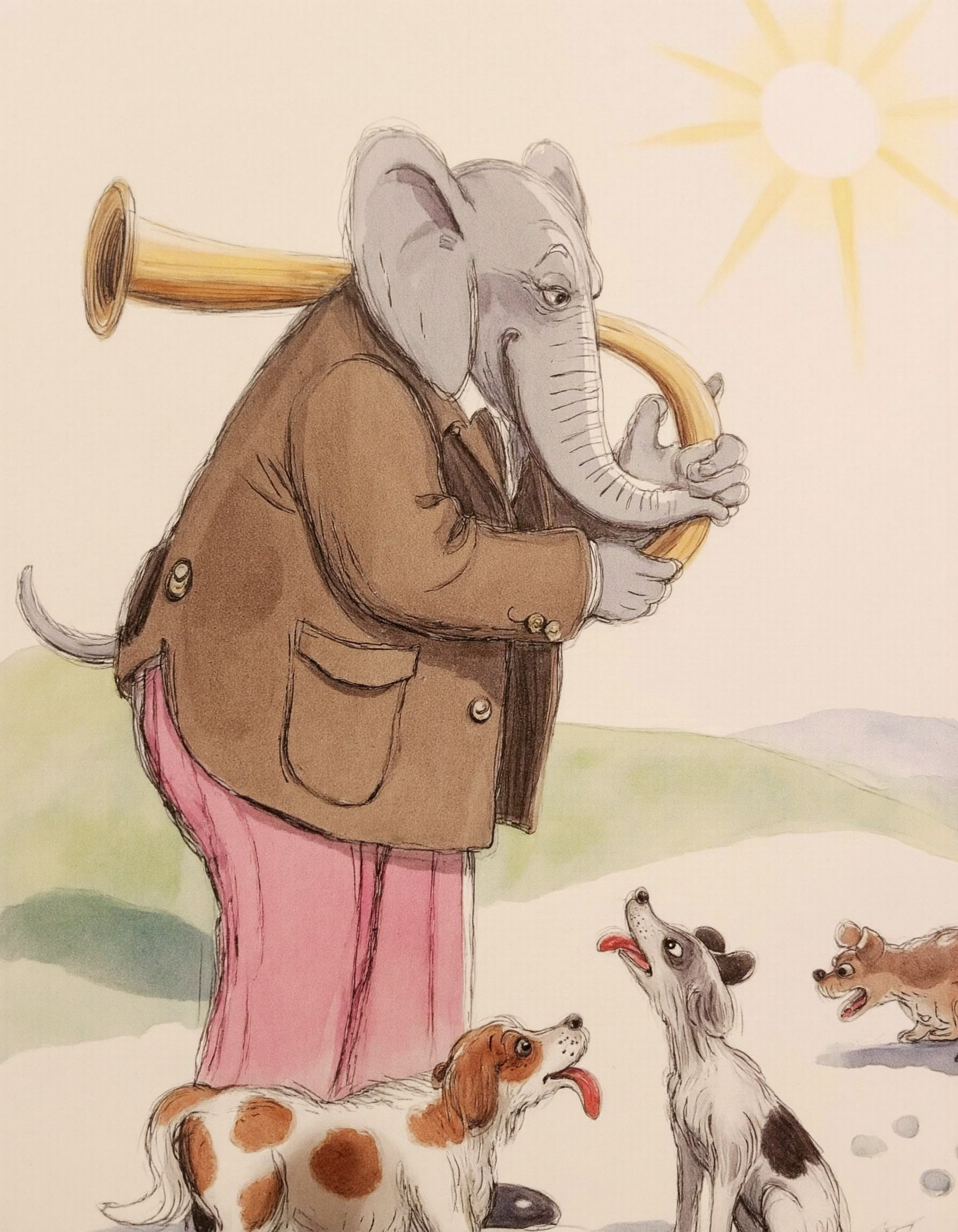 <lora:suteev:1>, This image is a watercolor drawing depicting a whimsical scene. The central figure is a large, anthropomorphic elephant dressed in a brown jacket and pink pants, standing on the left side of the image. The elephant is holding a large, curved trumpet to its mouth, seemingly playing a tune. The elephant's expression is serious and focused, and its trunk is extended upward.
In the foreground, to the right of the elephant, are three dogs. The first dog, a brown and white mixed breed, is sitting with its mouth open, looking up at the elephant. The second dog, a gray and white mixed breed, is sitting next to the first, also looking up. The third dog, a brown and white mixed breed, is standing behind the other two, also looking up at the elephant.
The background is a simple, lightly sketched landscape with a grassy hill and a clear, bright sun shining from the top right corner, casting a warm glow over the scene. The colors are soft and muted, giving the image a gentle, nostalgic feel. The overall style is reminiscent of classic children's illustrations, characterized by its simplicity and warmth.
