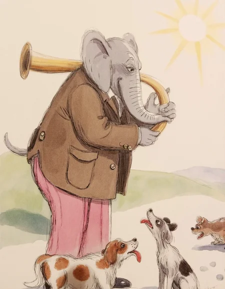 <lora:suteev:1>, This image is a watercolor drawing depicting a whimsical scene. The central figure is a large, anthropomorphic elephant dressed in a brown jacket and pink pants, standing on the left side of the image. The elephant is holding a large, curved trumpet to its mouth, seemingly playing a tune. The elephant's expression is serious and focused, and its trunk is extended upward.
In the foreground, to the right of the elephant, are three dogs. The first dog, a brown and white mixed breed, is sitting with its mouth open, looking up at the elephant. The second dog, a gray and white mixed breed, is sitting next to the first, also looking up. The third dog, a brown and white mixed breed, is standing behind the other two, also looking up at the elephant.
The background is a simple, lightly sketched landscape with a grassy hill and a clear, bright sun shining from the top right corner, casting a warm glow over the scene. The colors are soft and muted, giving the image a gentle, nostalgic feel. The overall style is reminiscent of classic children's illustrations, characterized by its simplicity and warmth.
