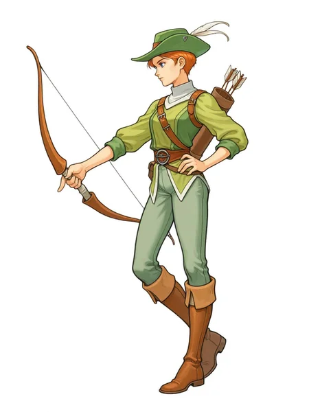 capcomfantasy,1girl, solo, bow (weapon), solo, boots, holding weapon, holding, arrow (projectile), full body, holding bow (weapon), white background, standing, hand on hip, quiver, green headwear, hat feather, pants, knee boots, simple background, fantasy, ranger, archer, green outfit, hat with feather, bow and arrow, standing pose, confident, vibrant colors, vibrant colors, detailed, illustration, Dungeons and Dragons: Shadow over Mystara