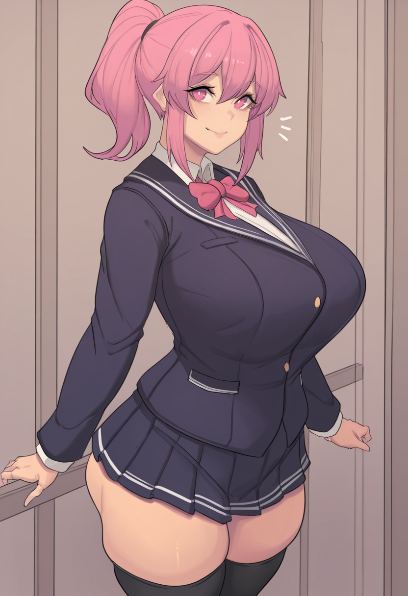 masterpiece, best quality, 
 <lora:metal_owl:1> m3t4l0wl3, 1girl, solo,standing,looking at viewer, happy, closed mouth,pink hair, ponytail, pink eyes,school uniform, bow, long sleeves, skirt, skindentation, thighhighs,