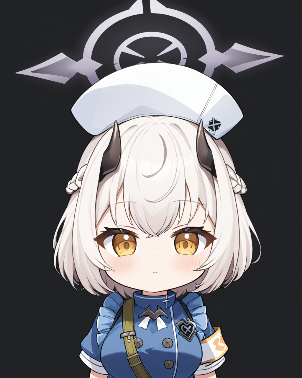 sena \(blue archive\),1girl, nurse_cap, halo, solo, braid, looking_at_viewer, black_background, black_horns, armband, upper_body, closed_mouth, simple_background, chibi, blush, demon_horns
<lora:sena_(blue_archive)_image207_2023-11-28:1>halo. gorgeous,key visual, vibrant, studio anime,award-winning, professional, highly detailed,high budget, cinemascope