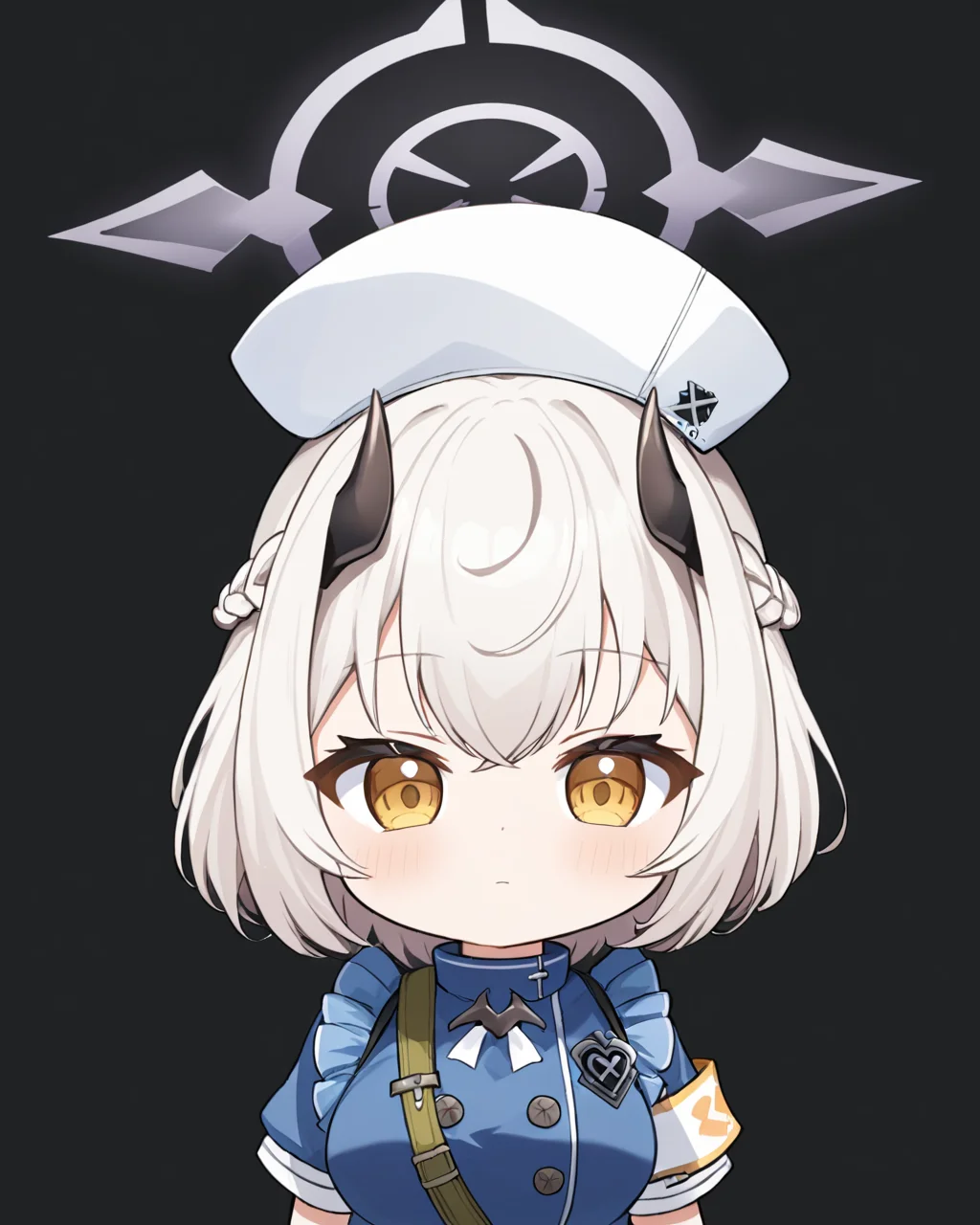 sena \(blue archive\),1girl, nurse_cap, halo, solo, braid, looking_at_viewer, black_background, black_horns, armband, upper_body, closed_mouth, simple_background, chibi, blush, demon_horns
<lora:sena_(blue_archive)_image207_2023-11-28:1>halo. gorgeous,key visual, vibrant, studio anime,award-winning, professional, highly detailed,high budget, cinemascope