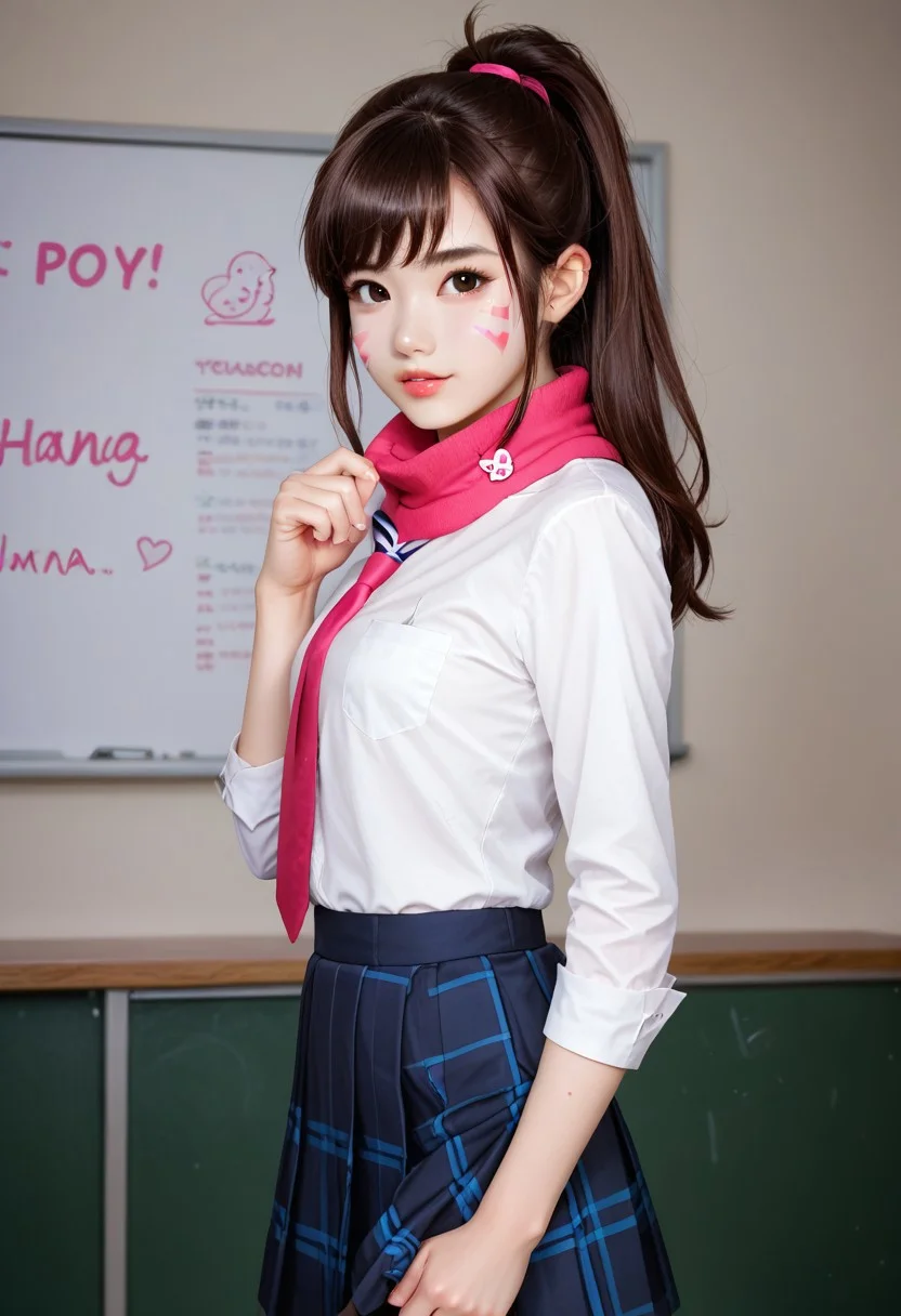 score_9, score_8_up, score_8, score_7_up, thin, score_7, rating_questionable, 1 girl, 19 years old, natural chest, (DVA), (hana song), Korean girl, happy, head tilt, eager virgin look, cute, sweaty, dynamic lighting, high contrast, dynamic hairstyle, Japanese school uniform with skirt, special pose, putting on a show, popstar, hourglass figured, view from side, dvapony, brown hair, facial marks, red scarf, flicking the bird, full body shot, classroom background